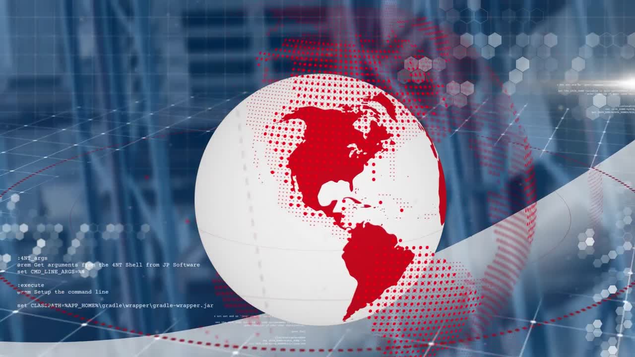 스피닝 글로브와 데이터 처리 배경에 창고에 대 한