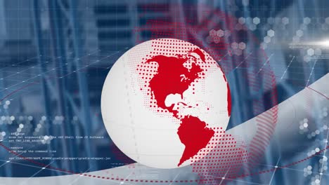 spinning globe and data processing against warehouse in background