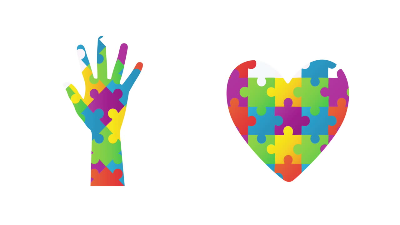 Animation of autism colourful puzzle pieces forming hand and heart on white background