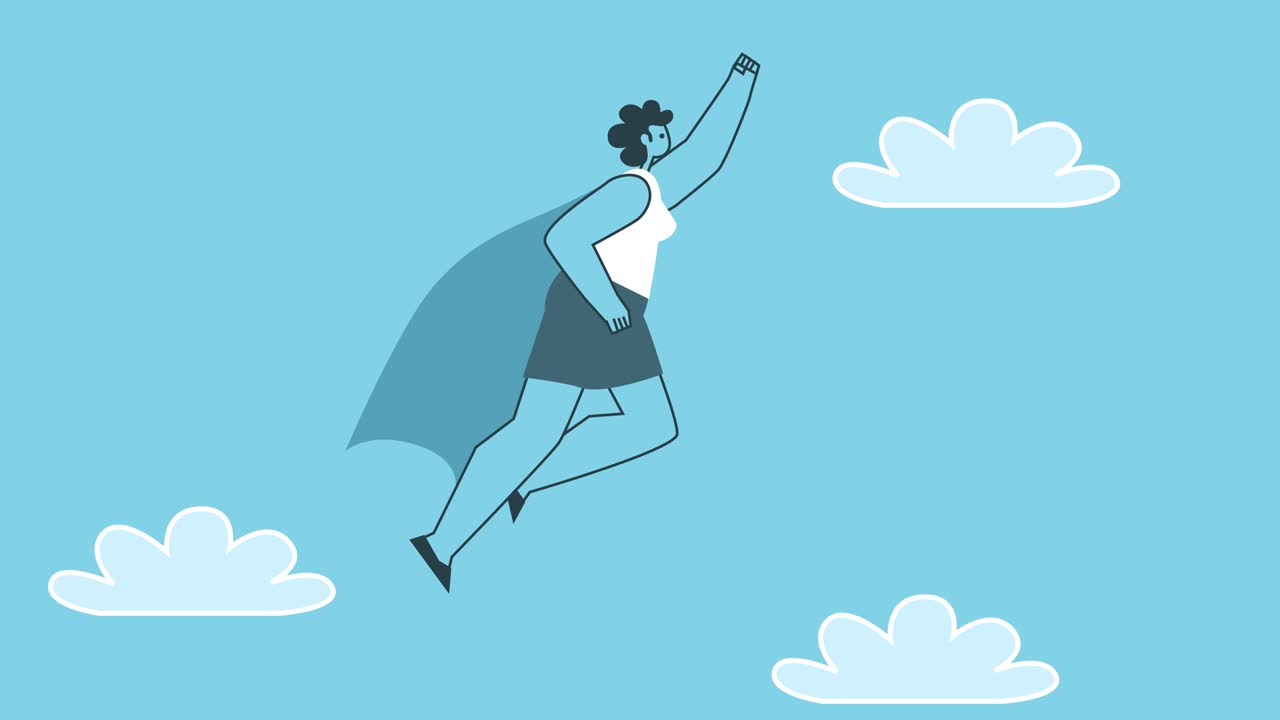 mujer superhéroe voladora con capa de héroe. diseño plano personaje de dibujos animados ciclo aislado animación 2d con canal alfa