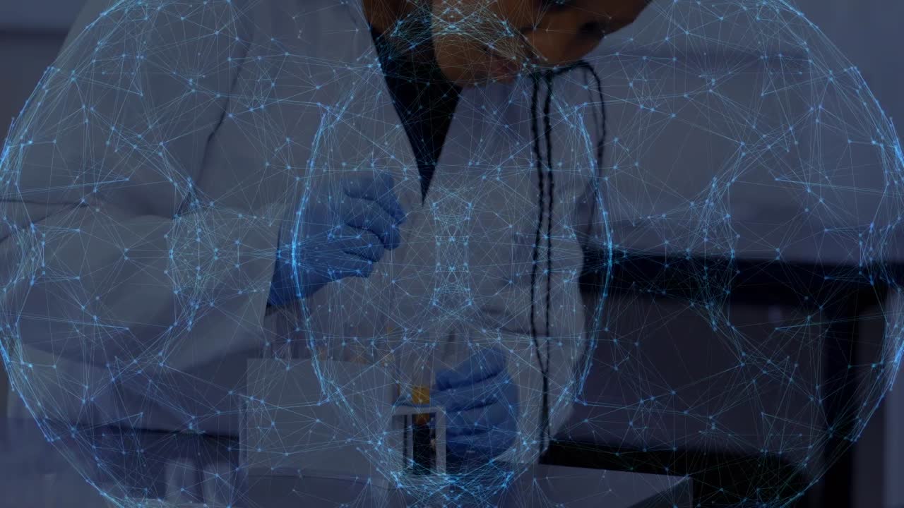 animación de la red de conexiones sobre una científica afroamericana en el laboratorio