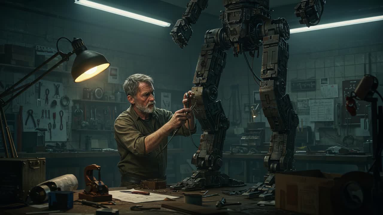 A Skilled Mechanic Works Diligently on a Robot Prototype in a Dimly Lit Workshop, Showcasing Attention to Detail and Innovative Craftsmanship in Robotics