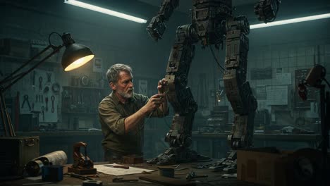 a skilled mechanic works diligently on a robot prototype in a dimly lit workshop, showcasing attention to detail and innovative craftsmanship in robotics