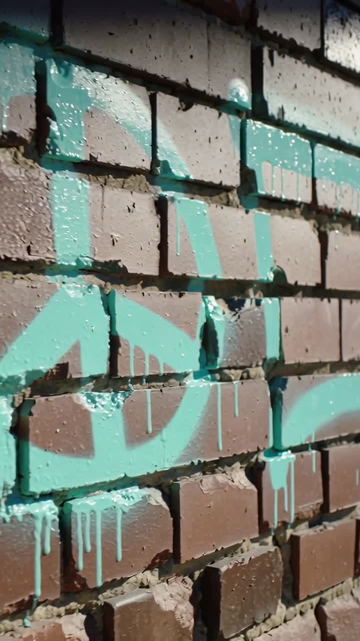Dripping Turquoise Spray Paint on a Brown Brick Wall