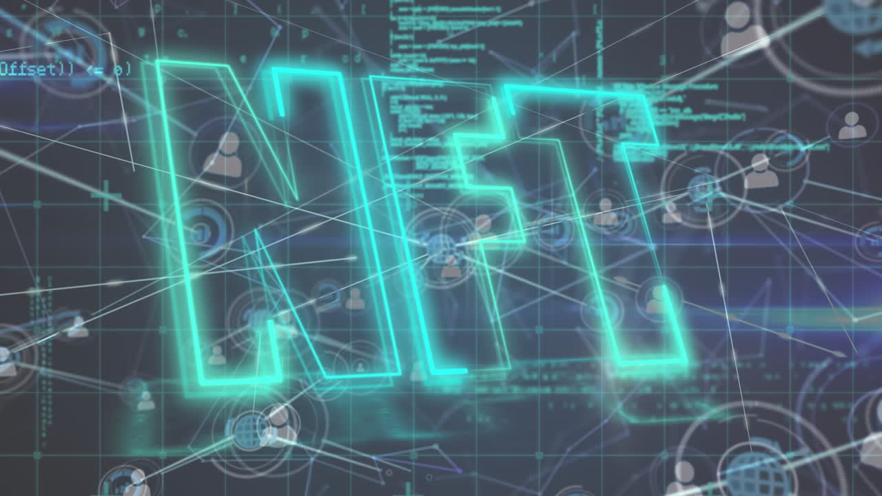 검은색 배경에 연결 네트워크와 함께 데이터 처리를 통해 nft 텍스트의 애니메이션