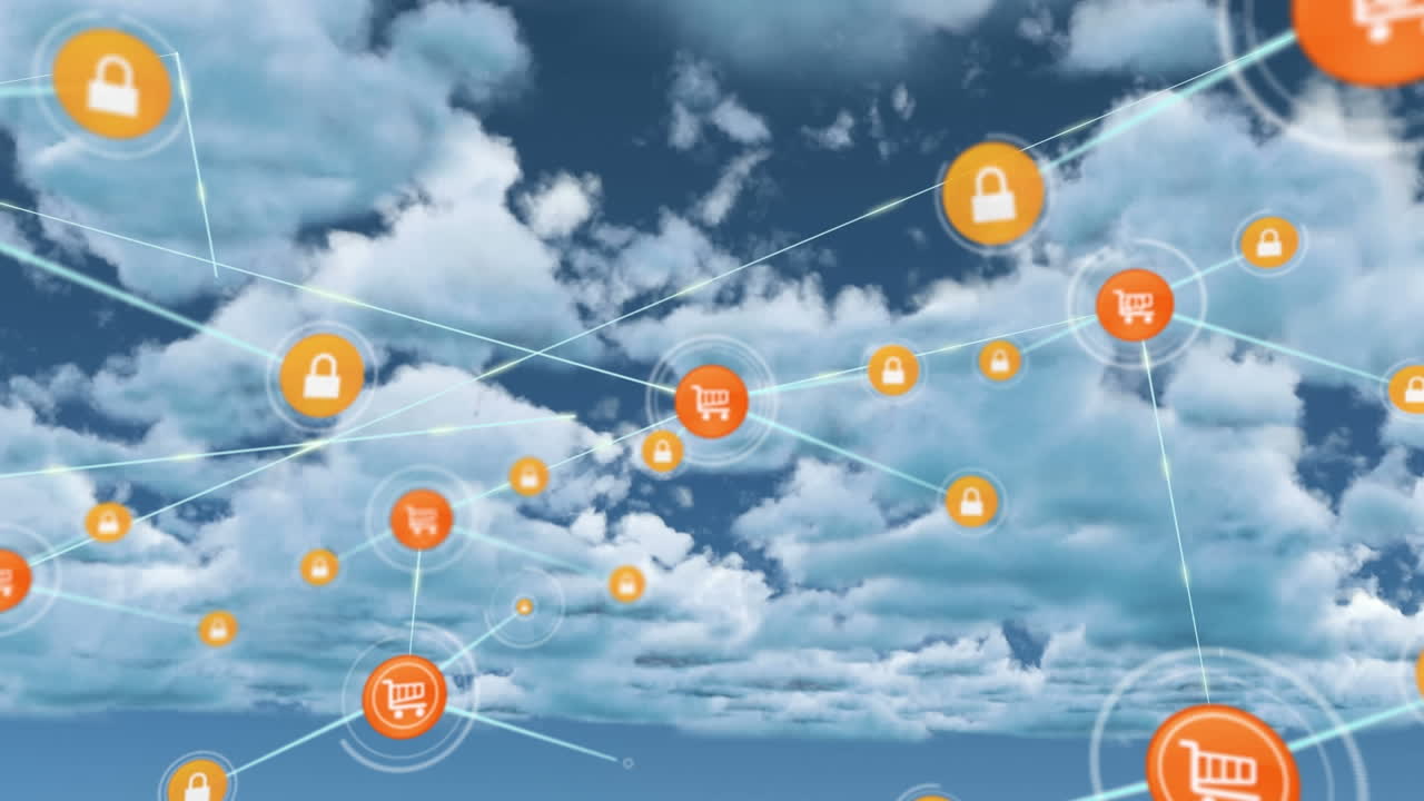 animación de la red de conexiones con iconos sobre nubes