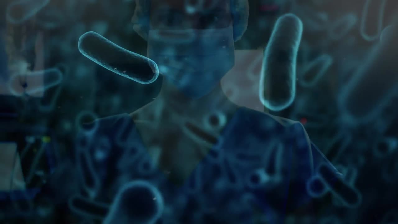 animación de las células de covid-19 flotando sobre el cirujano en la máscara facial