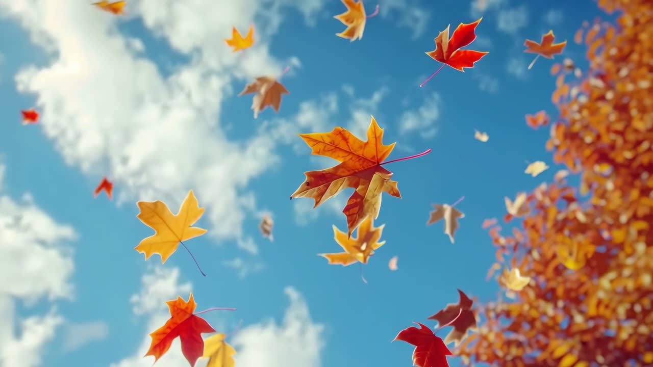 A dynamic video scene capturing autumn leaves falling against a blue sky