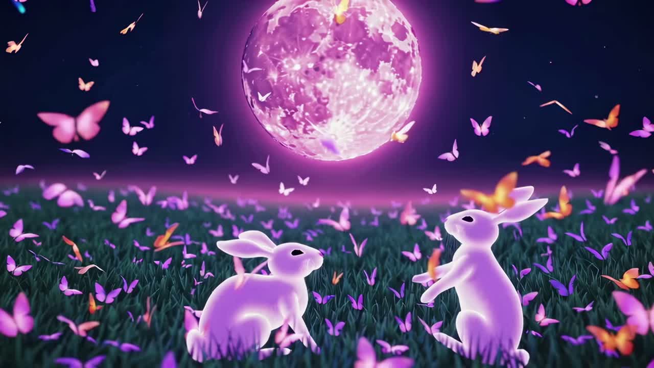 A surreal video scene with glowing rabbits and butterflies under a luminous moon