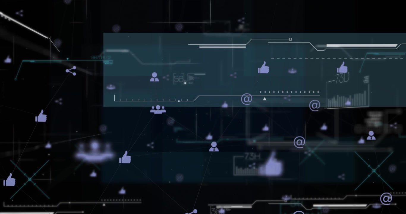 Animation of data processing and network of connections over dark background