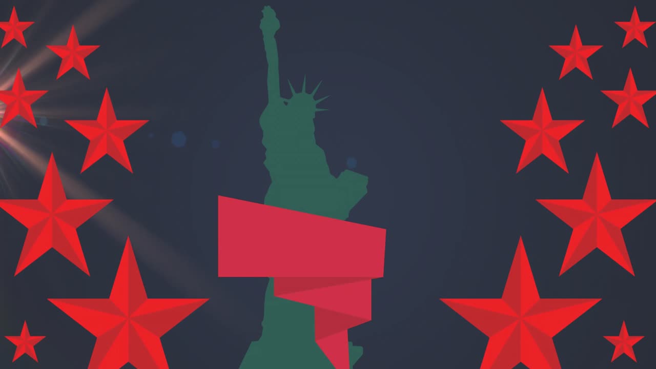 검은색 바탕에 은 별과 자유의 동상 실루의 애니메이션