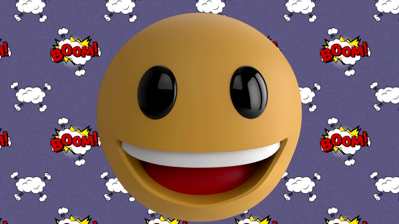 Smiley face emoji over boom text on speech bubbles against purple ...