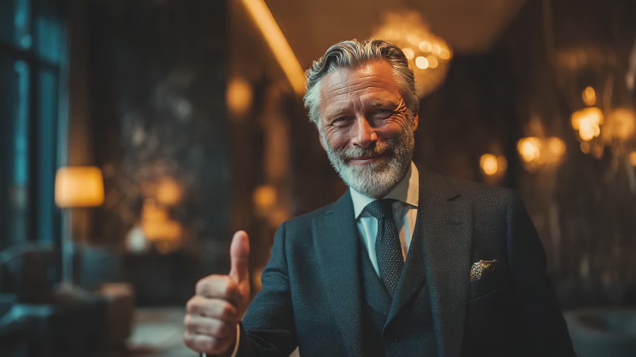 A Confident Businessman with a Grinning Smile Giving a Thumbs-Up Gesture in an Elegant Interior Setting, Displaying Positivity and Professionalism