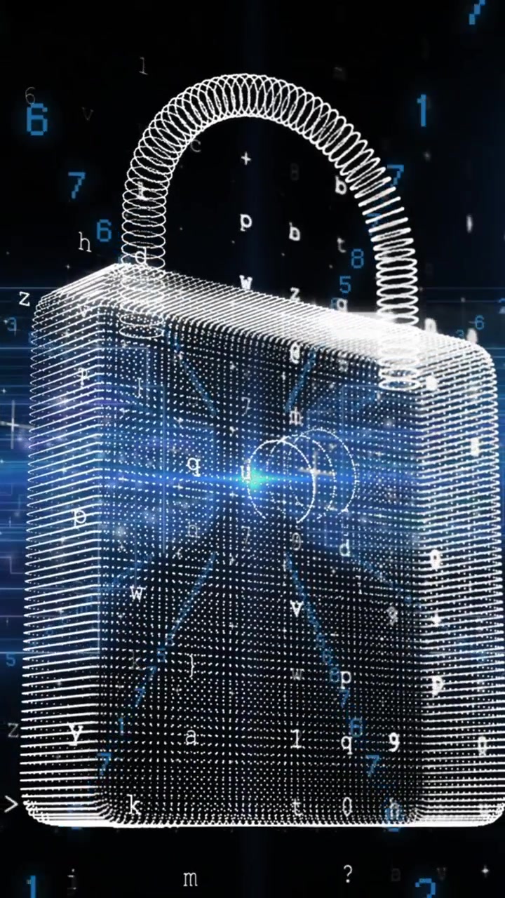 Animation of data processing and padlock icon on black background