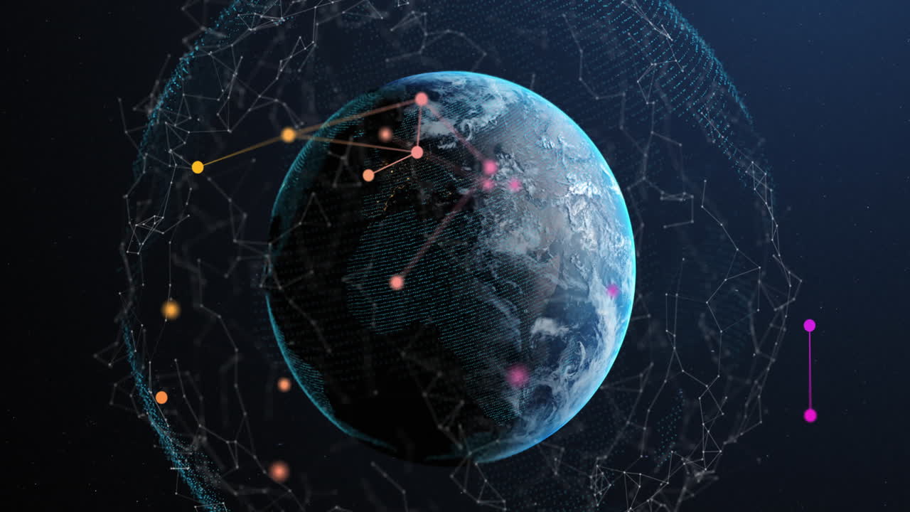 Animation of network of connections floating over globe against blue background