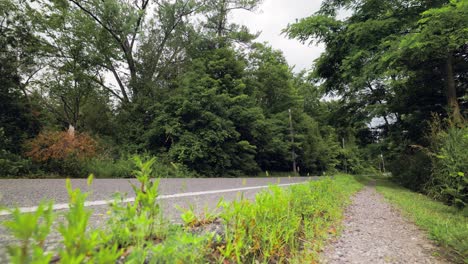 low angle roadside view of suv and other cars pass by, forest landscape setting narrow road