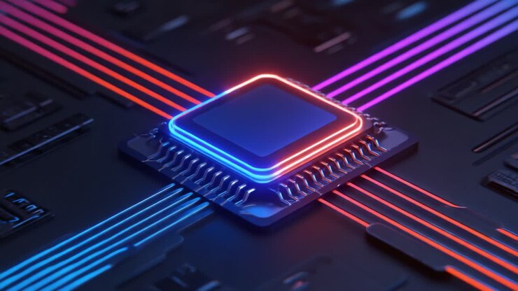 Nærbillede af futuristisk printkort med en højteknologisk mikroprocessor omgivet af oplyste neonlinjer, der viser avanceret teknologi og moderne designæstetik inden for moderne databehandling