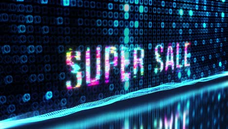 슈퍼 세일의 3d 애니메이션: 다채로운 텍스트 단어 플리커, 디지털 효과 배경과 함께 라이트 애니메이션 루프, 4k 3d 원활한 루핑, 슈퍼 세일을 위한 글리터 효과 요소.
