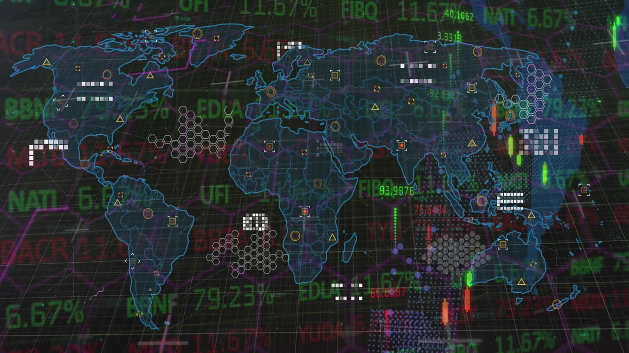 animación del procesamiento de datos financieros sobre el mapa del mundo