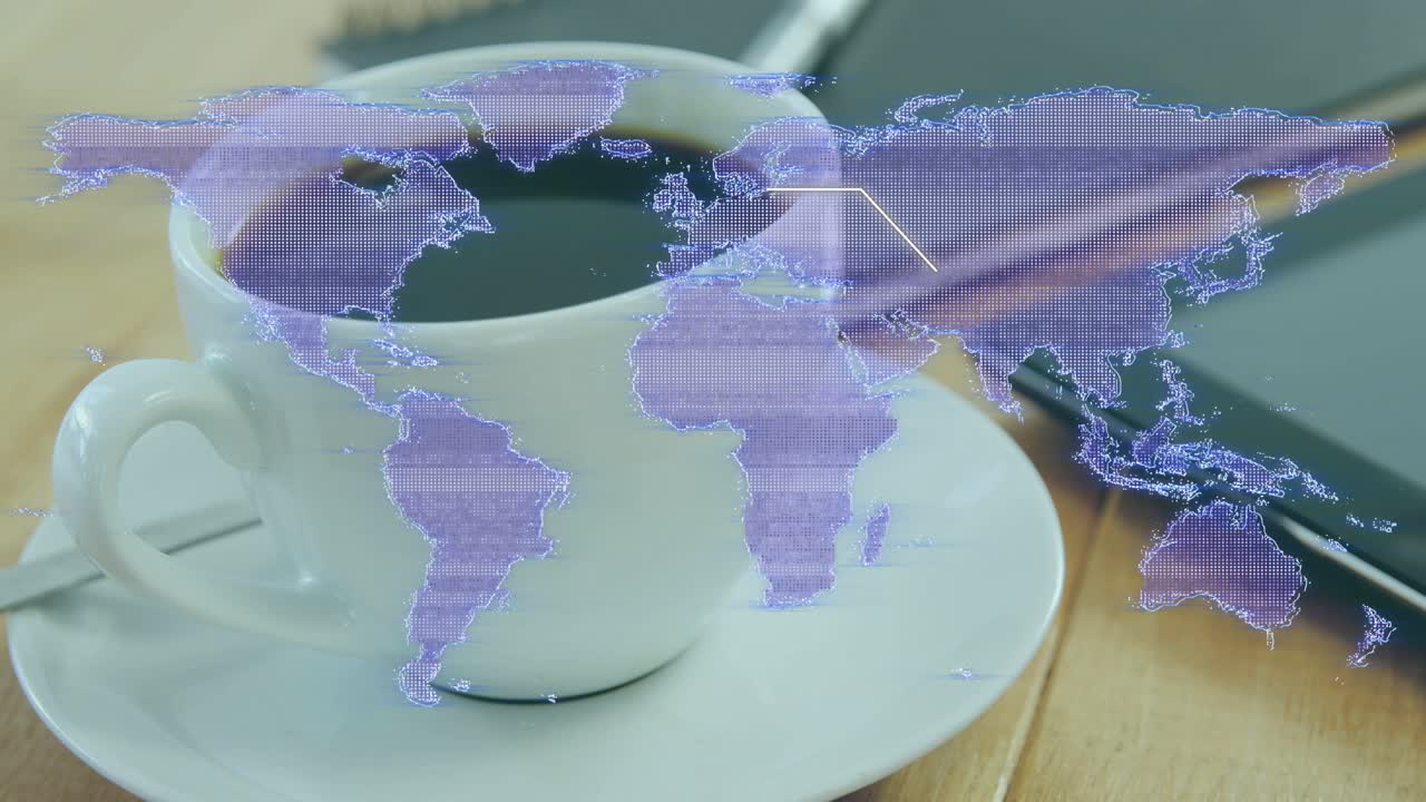Coffee cup setup showing map fading in then airplane icon moving along path, visualizing route data