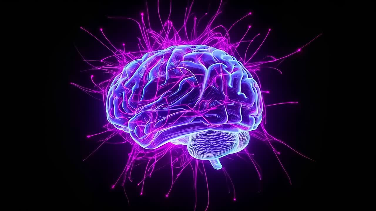 Appearing neon-blue brain pulsing and emitting magenta filaments in black void, signaling activity
