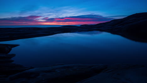 Tiefblauer-Minimalistischer-Sonnenaufgang-Im-Zeitraffer-über-Wasser,-Lillesand,-Norwegen