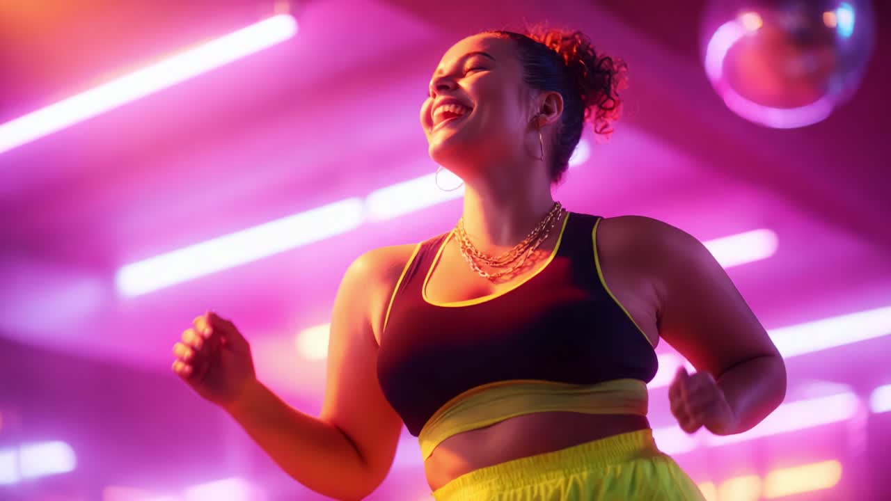 Una ballerina gioiosa in abiti vivaci trasuda sicurezza e felicità sotto luci al neon colorate, mettendo in mostra l'energia e lo spirito del movimento in un'atmosfera vivace