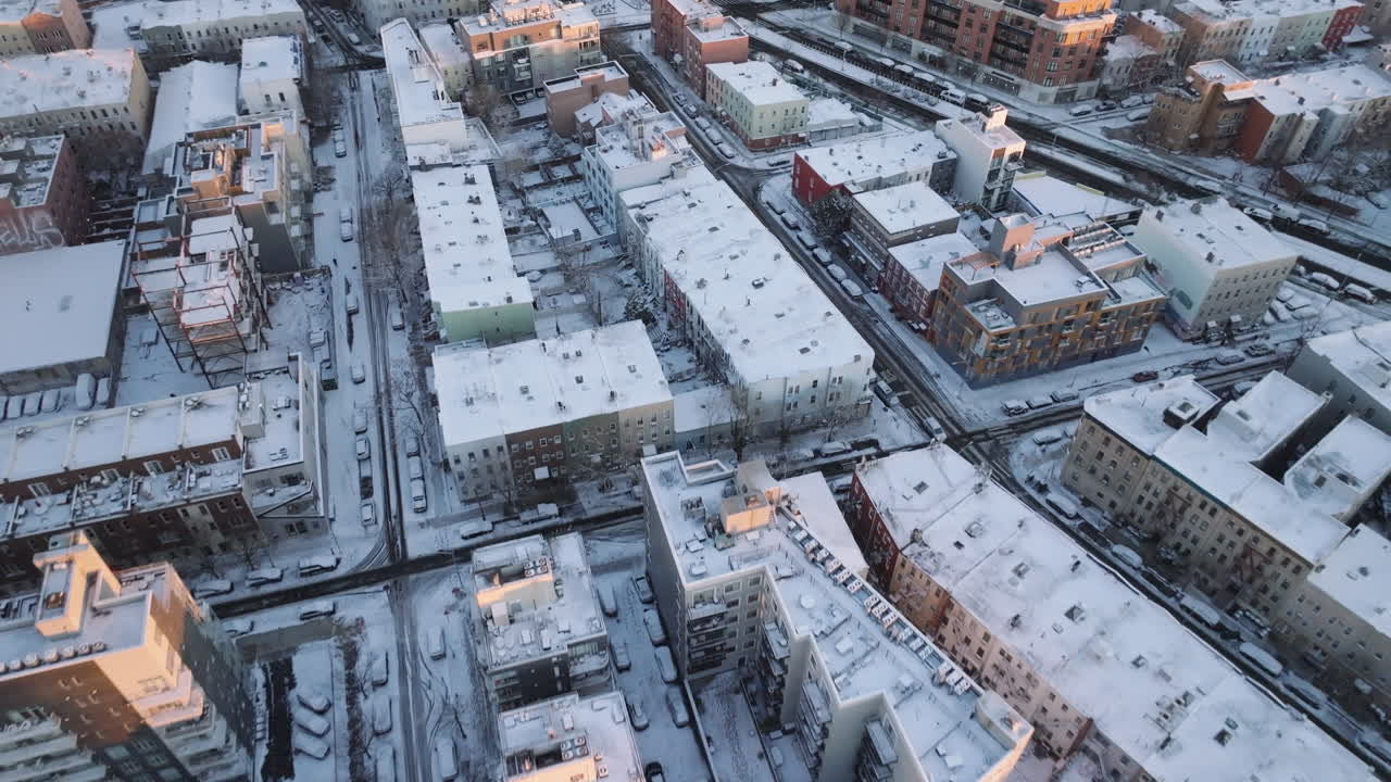 Aerial view of a snow covered Brooklyn. Shot on a winter morning in Greenpoint.