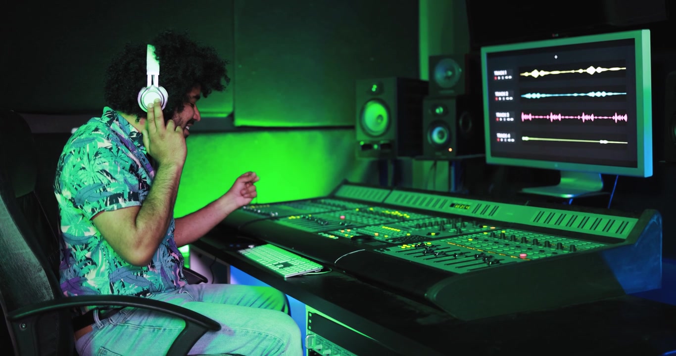Audio Engineer Working on Sound Mixing Console in Recording Studio