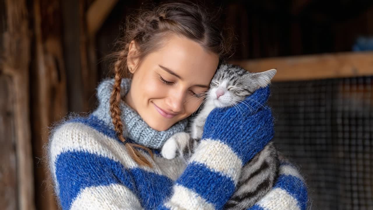 Heartwarming Connection: A Young Woman Embracing Her Adorable Gray Tabby Cat in a Cozy Setting, Radiating Joy and Love in Every Frame
