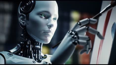a close-up reflection on advanced robotics: an insight into the intellect and design of a futuristic robot with human-like features and cutting-edge technology