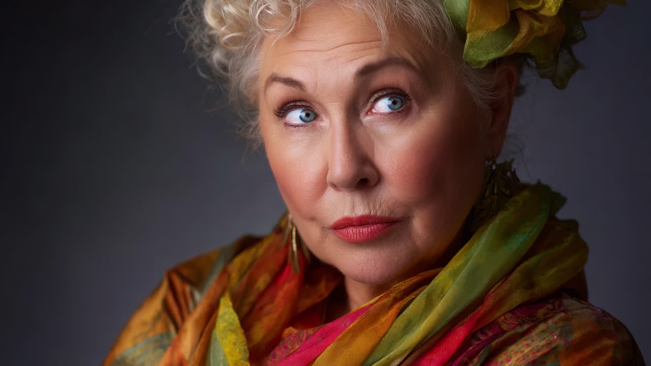 Un ritratto suggestivo di una donna matura con capelli ricci, accessori vivaci e un'espressione pensierosa, che mette in mostra grazia e bellezza in uno stile artistico
