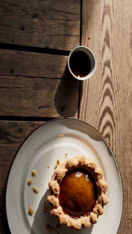 delicious caramel tart on wooden table
