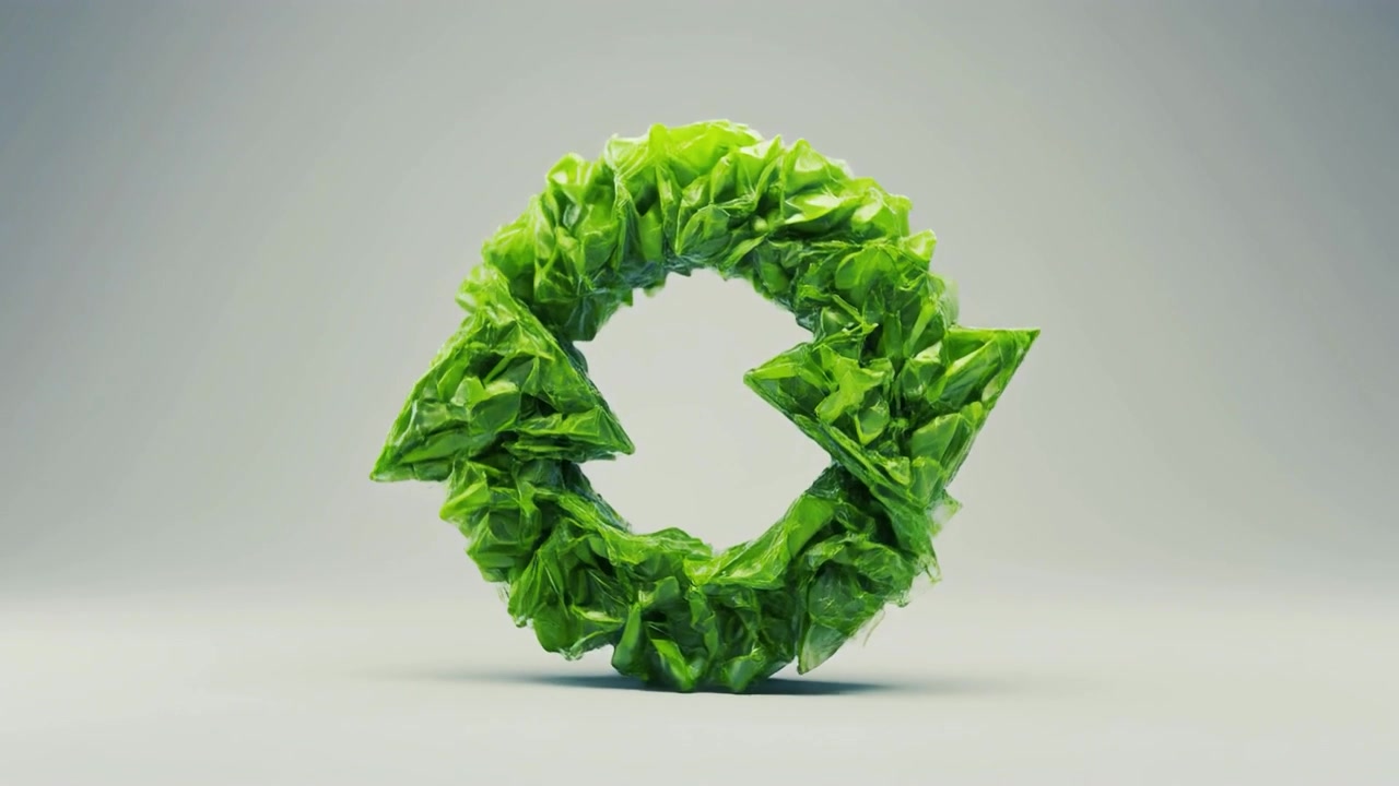 Simbolo di riciclo della plastica verde in rotazione su sfondo neutro