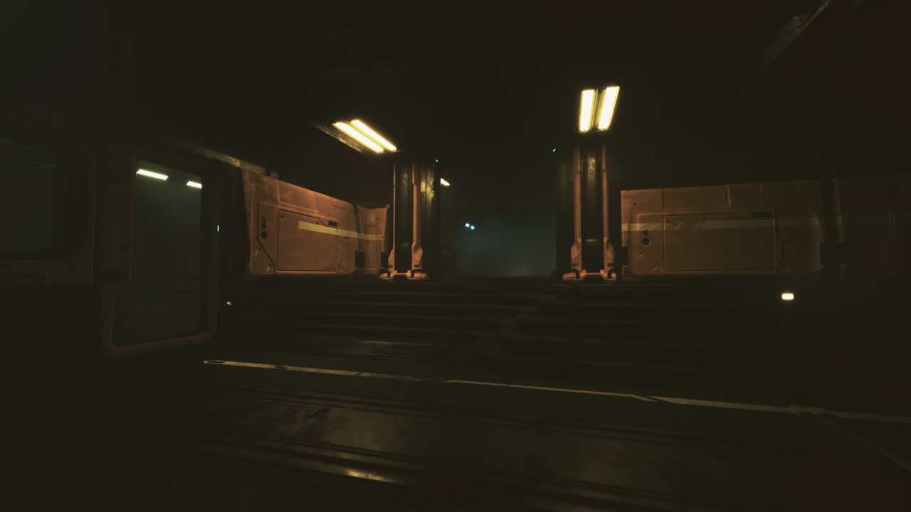 Dark corridor with fluorescent lights in futuristic setting