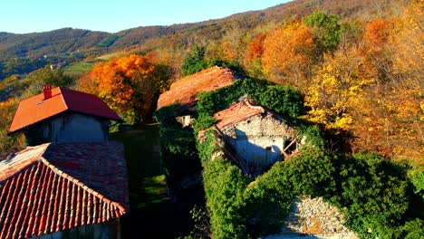 Aerial-4K-drone-video-unveils-the-haunting-beauty-of-Slapnik,-an-abandoned-village-in-Brda,-Slovenia