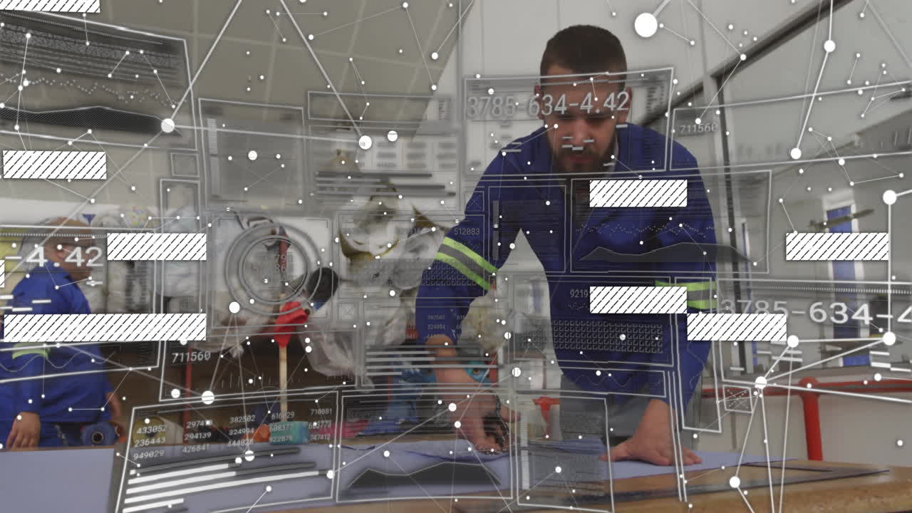 Two co-workers inspecting metal sheet in industrial workshop, with AR schematics and data graphics