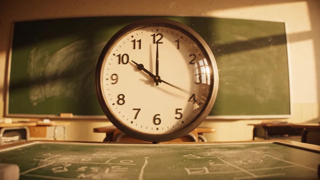 A close-up view of a classroom clock situated on a green chalkboard, highlighting the passing of time in a learning environment, with muted tones and soft shadows.