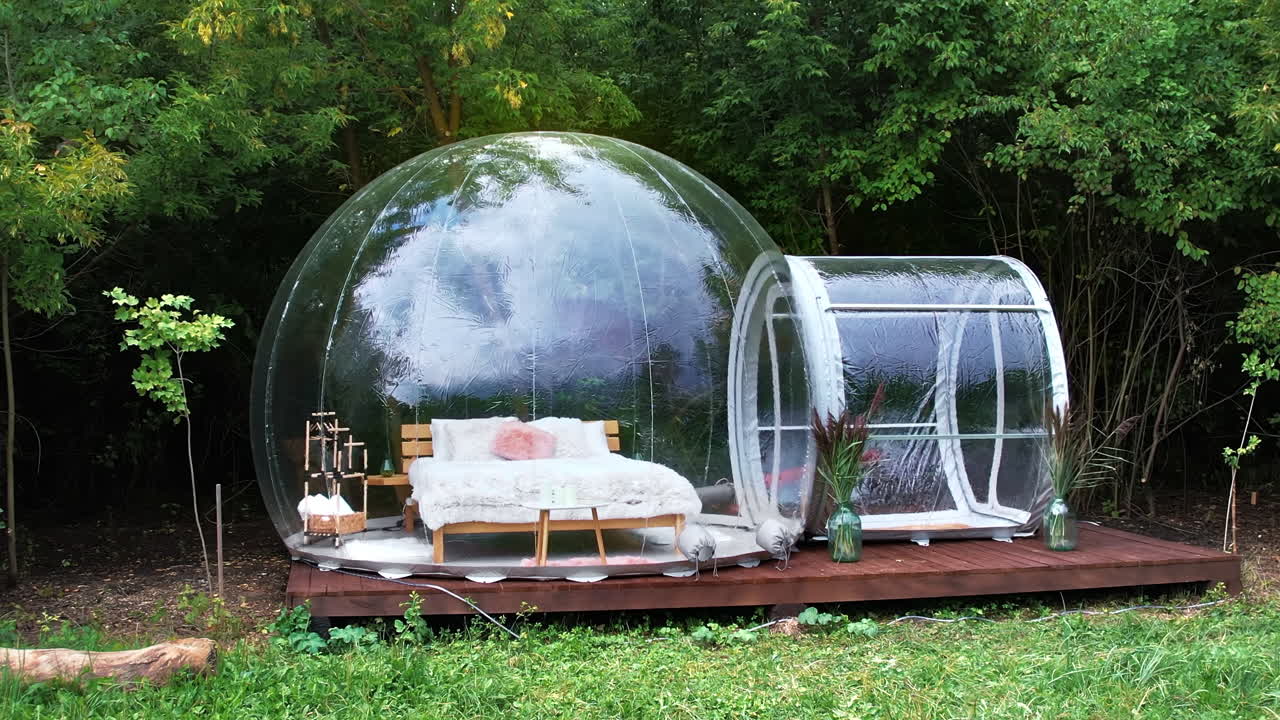 Gennemsigtigt bobletelt ved glamping, frodig skov rundt om og indeni