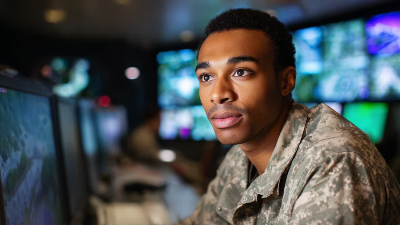 A focused military technician strategizing in a high-tech command center, analyzing multiple screens for critical information, showcasing the importance of modern technology in defense operations