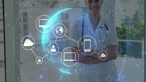 female doctor presenting digital health network in office, displaying glowing 3d globe with icons