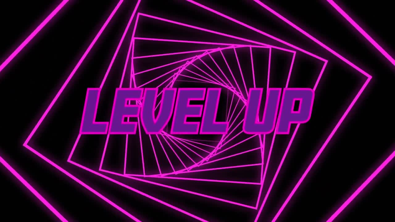 animación de texto de nivel en letras púrpuras sobre túnel espiral abstracto de neón rosa