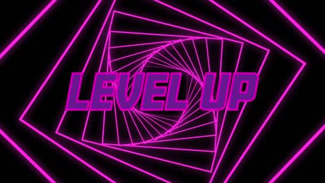 Animation-Von-Level-Up-Text-In-Violetten-Buchstaben-über-Rosa-Neonfarbenem-Abstrakten-Spiraltunnel