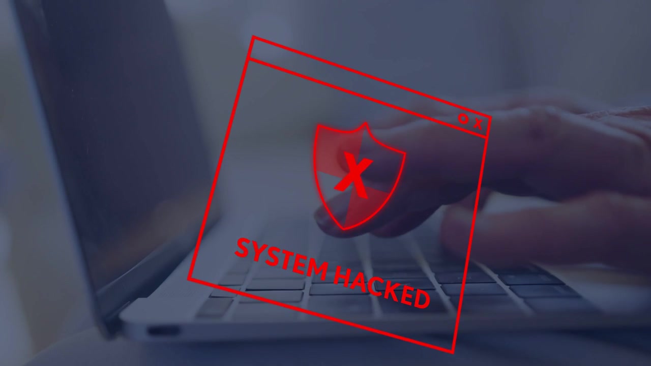 Senior woman typing on laptop red SYSTEM HACKED overlay appearing on keys pulsing alerting security