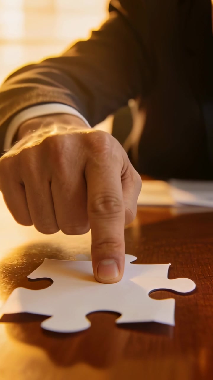 Video verticale: Mano che si estende in alto a destra, che porta un uomo in giacca e cravatta a premere un pezzo di puzzle in un ufficio.