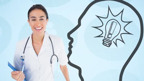Animation-of-biracial-female-doctor-and-head-with-light-bulb-icon-over-icons