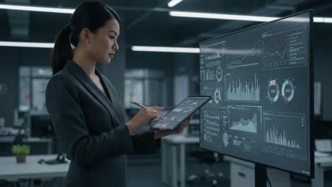 a professional businesswoman analyzing data on a tablet while engaged with dynamic visualizations in a modern office environment