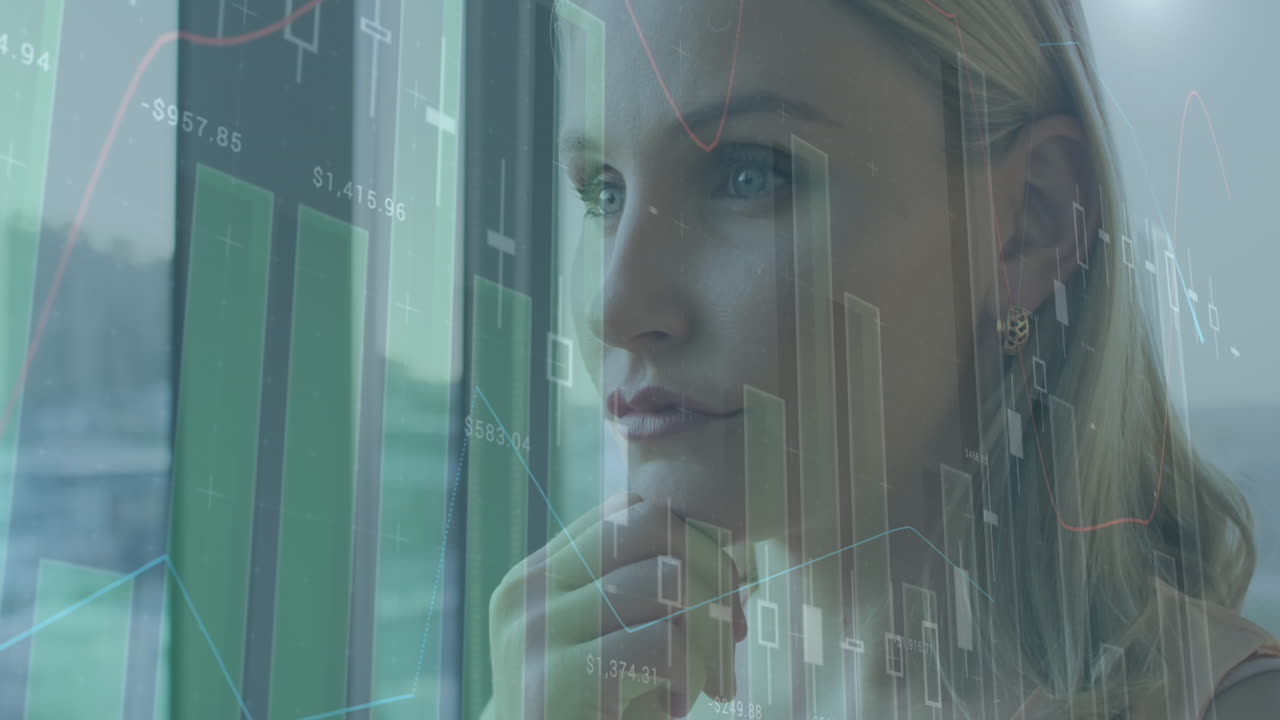 Animation of financial data processing over caucasian businesswoman thinking