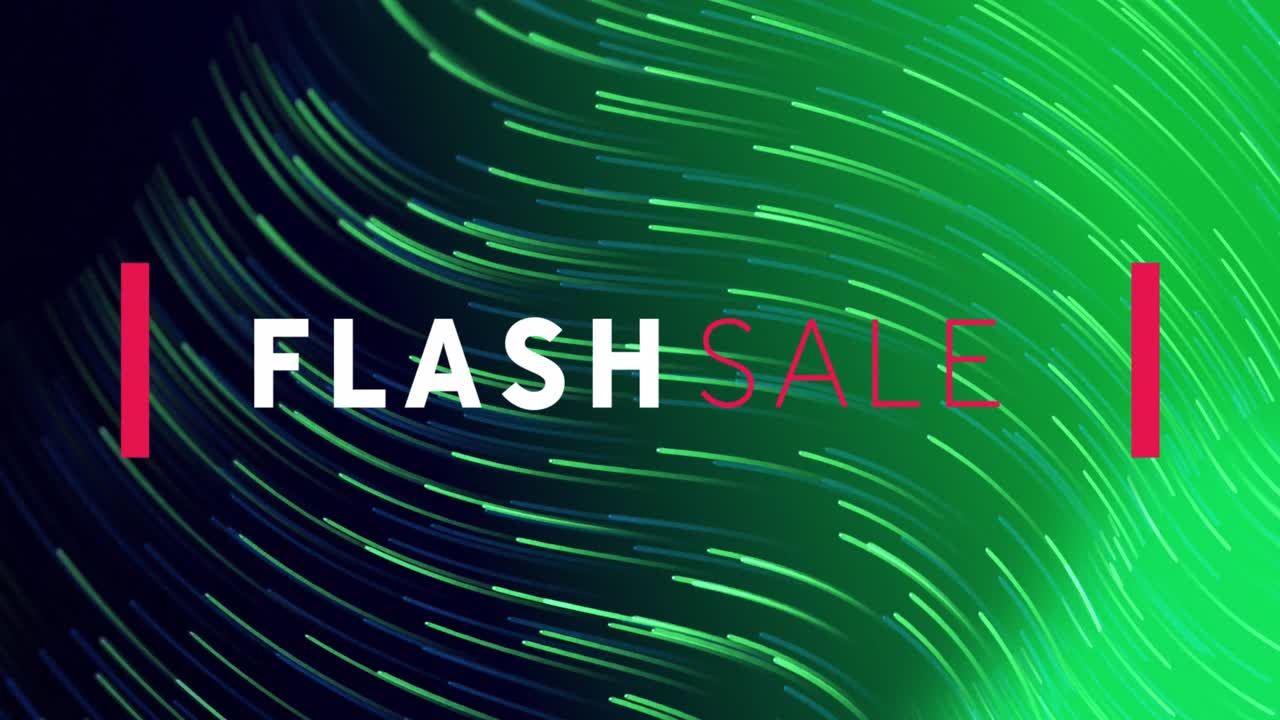 Animation of flash sale text banner over light trails flowing against green background
