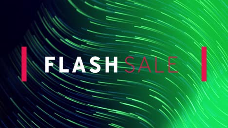 Animation-Eines-Flash-Sale-Textbanners-über-Lichtspuren,-Die-Vor-Grünem-Hintergrund-Verlaufen